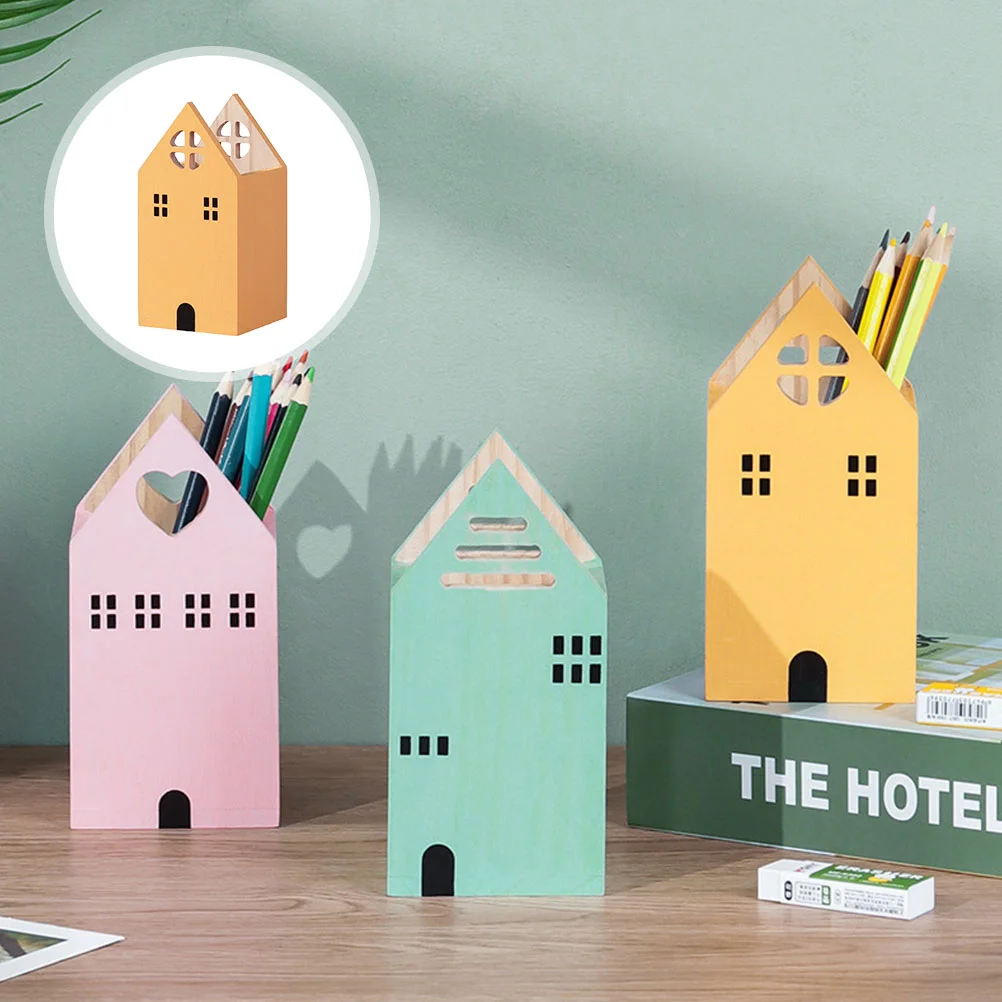 

School Office Wood Pen Holder House Modeling Pen Container Simple Pen Box