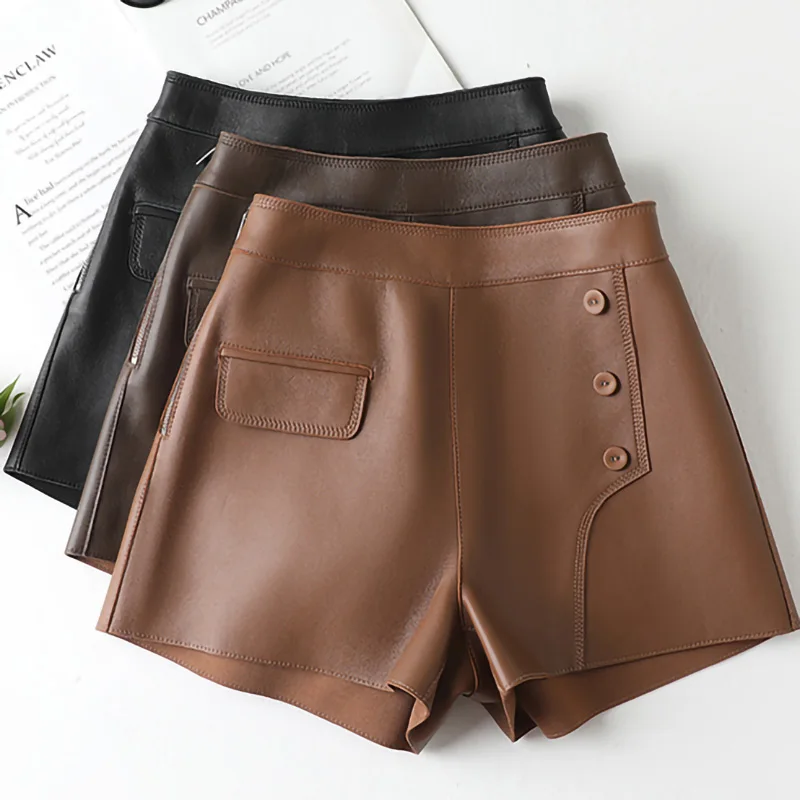 Genuine Sheepskin Leather Shorts 2023 New Style Women High Waist Pants Elastic Waist Lady Sexy Shorts With Zipper SY4922