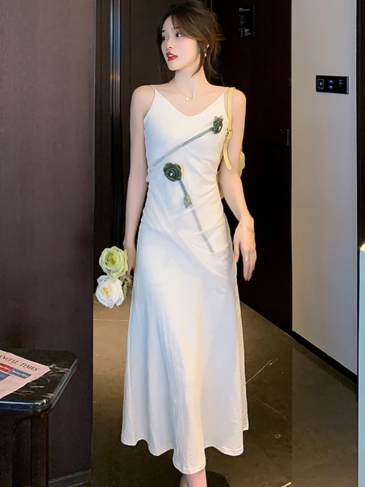 

Summer Boho White Chiffon Chic Prom Midi Dress Women Fashion Sexy Club Sling Dress 2023 Korean Vintage Elegant Party Night Dress