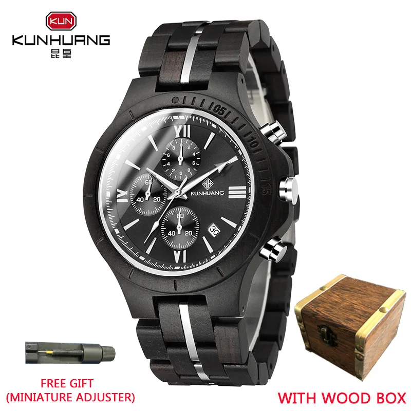 

KUNHUANG Luxury Design Natural Wooden Watch Vintage Quartz Wooden Men's Watch Chronograph Calendar Multifunction Clock Herrenuhr