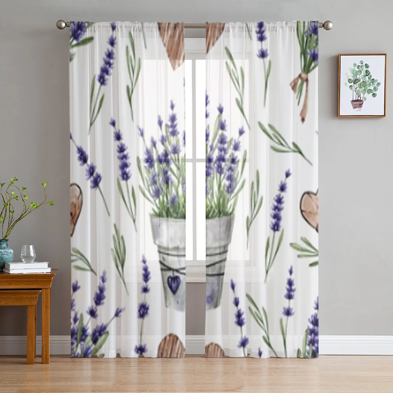 

Прозрачные Занавески с акварельным рисунком лаванды в горшке, тюлевые шторы для гостиной, спальни, кухни, домашние декоративные прозрачные ...