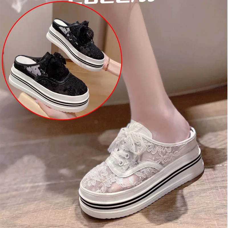 

Women Slippers Outdoors Lace Mesh Loafers High Heels Platform Shoes Casual Round Toe Summer Luxury Brand High Quality Lady Korea