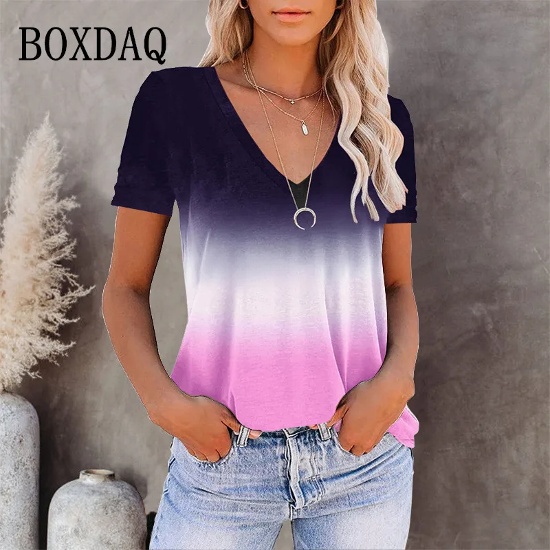

2022 Fashion Women Tie Dye Gradient Blouses For Summer Short Sleeve Loose Pullover Casual Tops Street Hipster V-Neck Lady Shirts