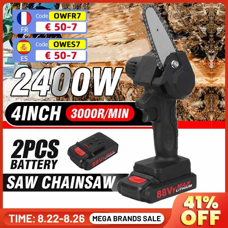

2400W 88VF Mini Electric Saw 4 Inch Chainsaw For Fruit Tree Woodworking Garden Tool Hand Held Wood Cutter With Lithium Battery