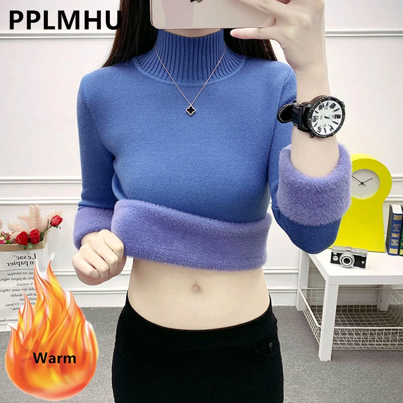 

Thicken Blue Turtleneck Sweater Women's Winter Warm Plus Velvet Knit Pullover Green Chompas Para Mujer Plush Lining Tricot Tops