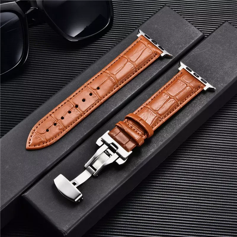 Embossed Leather Men Watch Straps for Apple Watch 7 6 SE 5 4 3 Butterfly Buckle 45mm 44mm 42mm 41mm 40mm 38mm Business Watchband