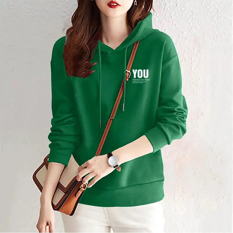 

Green Pullover Hoodies for Women Clothing 2023 New in Hooded Sweatshirt Casual Drawstring Letter Long Sleeve Tops Girls 543