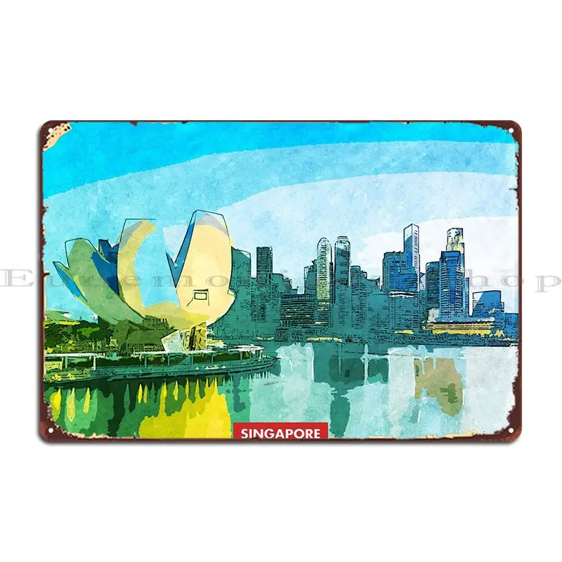 

Металлический плакат с изображением городского пейзажа Сингапура, Настенный декор, рисунок ржавого дома, Настенная роспись, жестяной плакат