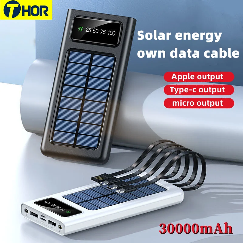 

30000mAh Power Bank Built Cables Solar Charger 2 USB Ports External Charger Top Solar Powerbank For Xiaomi iphone with LED Light