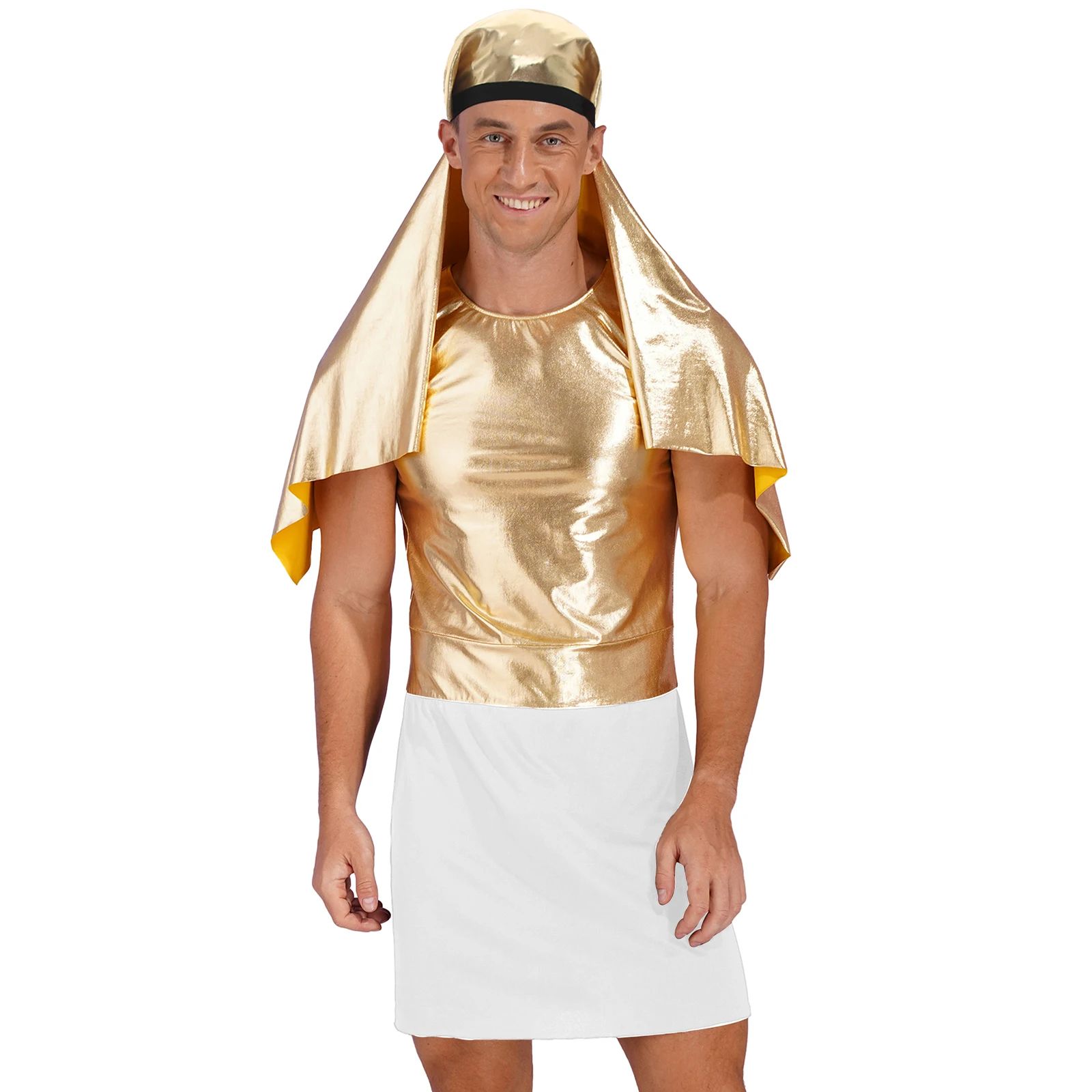 

Mens Egyptian King Costume Halloween Carnival Masquerade Ancient Egypt Pharaoh Cosplay Sleeveless Color Block Dress Headpiece