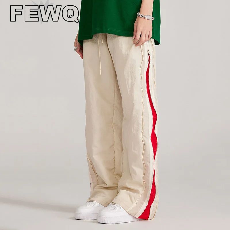 

Мужские повседневные брюки FEWQ, с двойной молнией, тканые прямые брюки с прострочкой, винтажные брюки с широкими штанинами и шнурком, новинка 2023, 24B2779