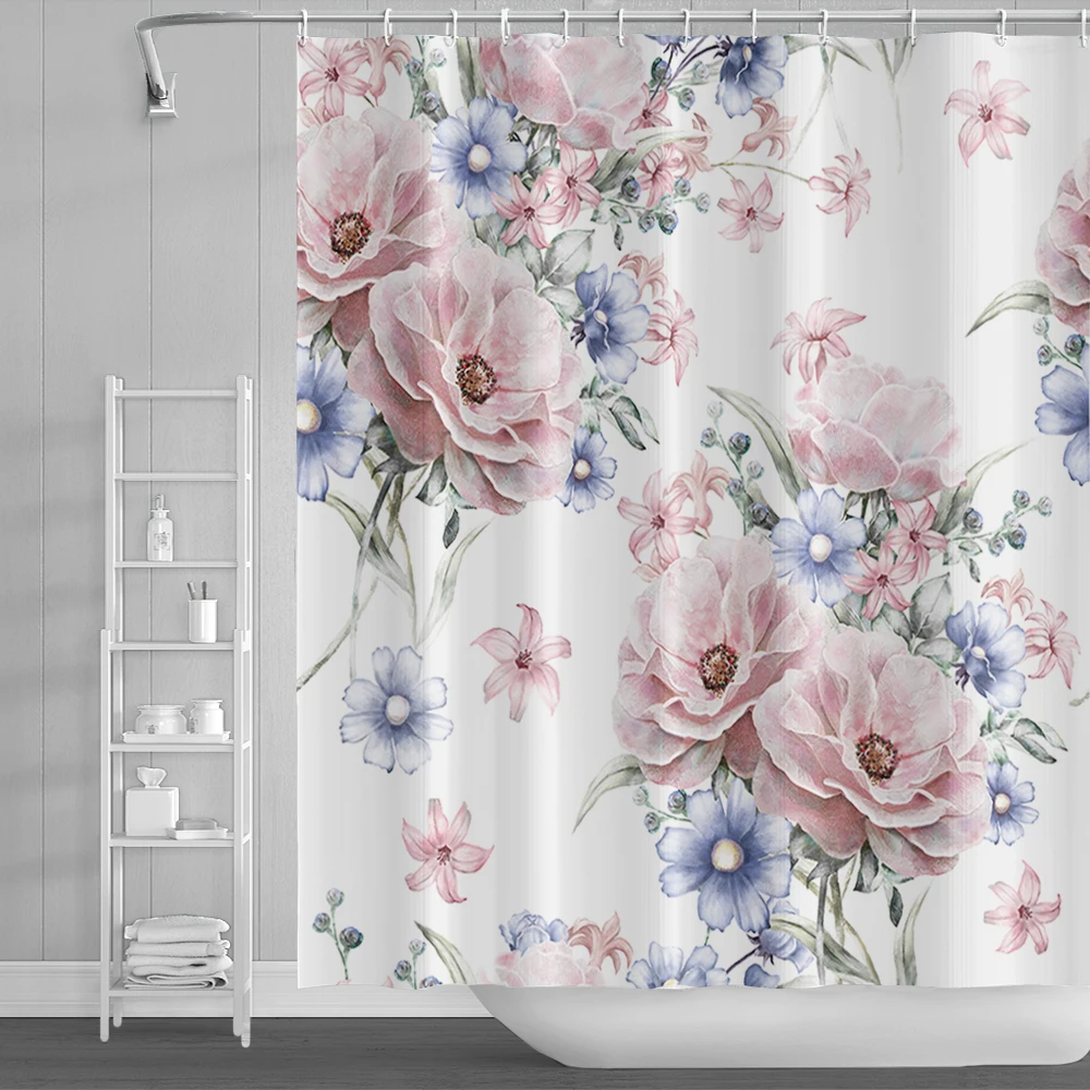 

Floral Shower Curtains Pink Purple Watercolour Rose Flowers Plants Bath Curtain Polyester Fabric Bathroom Decor Set with Hooks