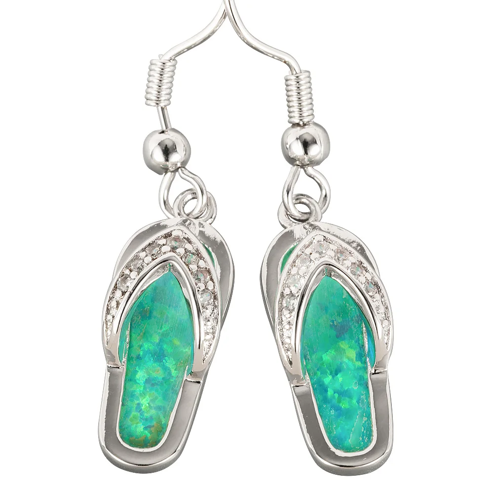 

KONGMOON Beach Flip Flops Kiwi Green Fire Opal CZ Silver Plated Jewelry for Women Dangle Drop Earrings