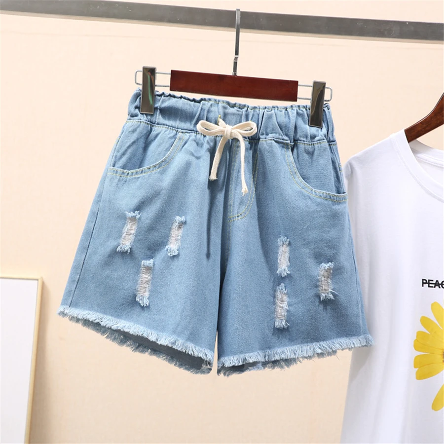 Oversize 7xl Hole Summer Shorts Jeans Lace Up Casual Wide Leg Denim Pant Women Pantalones Cortos Baggy Korean Vaquero Short New