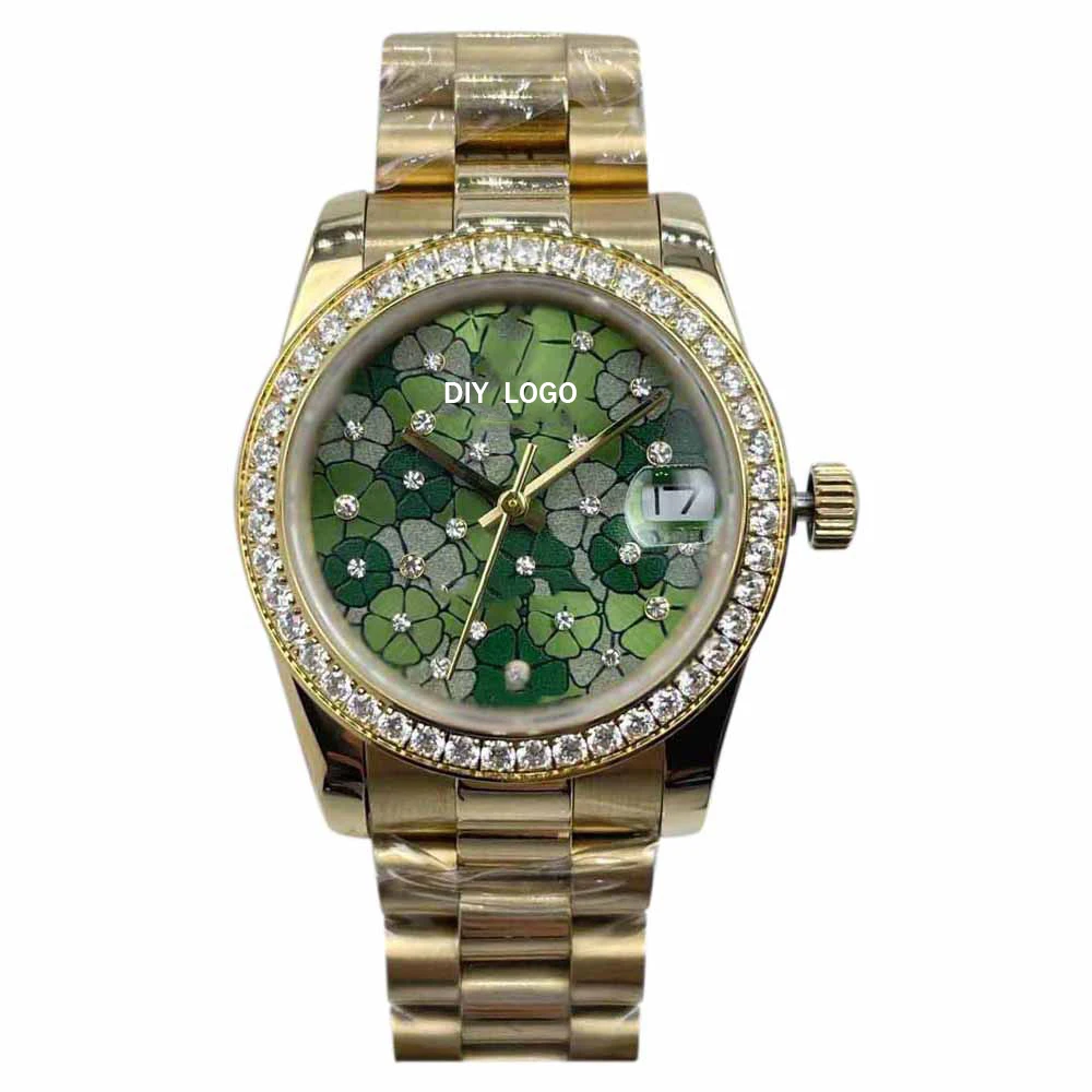 Customized 31mm Women's Fashion Mechanical Watch with 24 Diamonds and Calendar Window