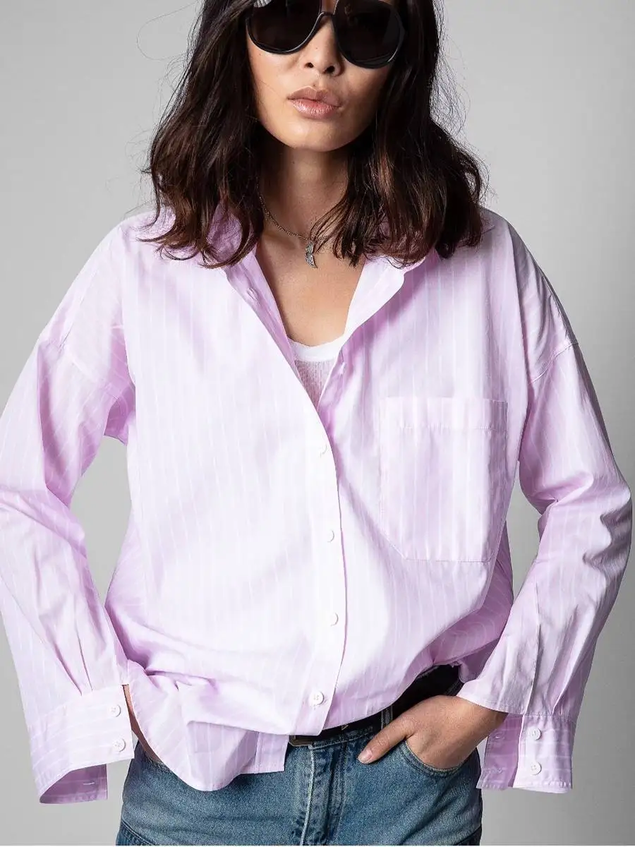 

Новинка 2022, женская рубашка с принтом на раннюю весну, свободная рубашка в полоску с отворотом и длинными рукавами