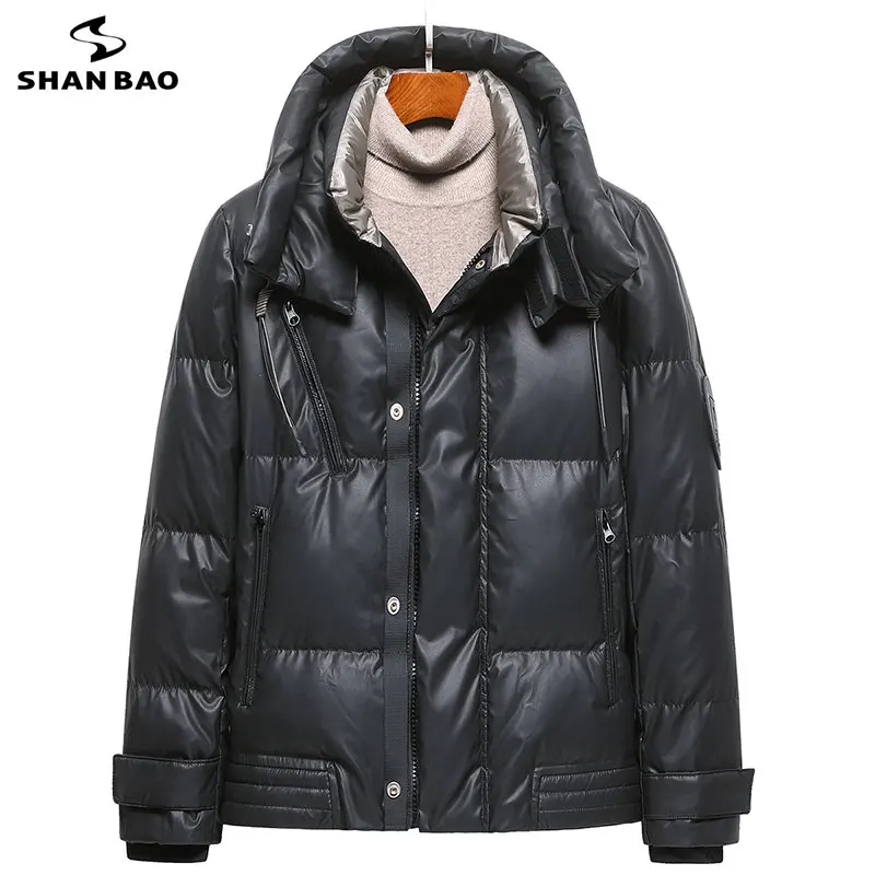 SHAN BAO Winter New Leather Waterproof Thick Men's Hooded Down Jacket 90% Quality Grey Duck Down Zipper Pocket Windproof Parkas