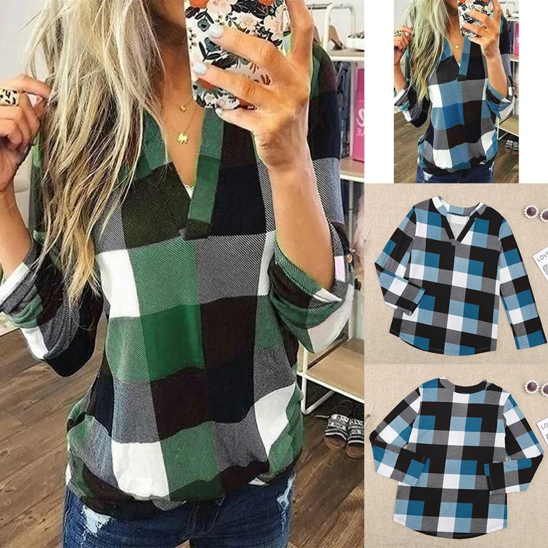 

Рубашки с длинным рукавом для женщин, женские повседневные Осенние Топы в клетку, хлопковые модные блузки на пуговицах с длинным рукавом и V-...