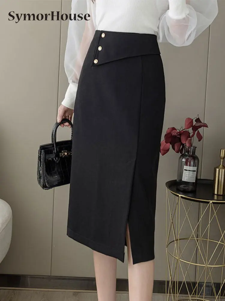 

2022 Summer Fashon Women Skirts Knee Length High Waist Split Wrap Skirt Office Lady Elegant Black Package Hips Skirts Female