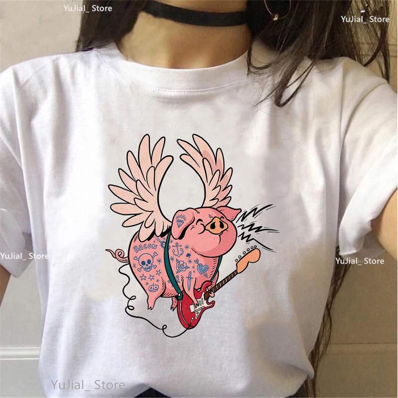 Купи Cute Pig Cupid Angel Print T Shirt Girls Harajuku Kawaii Clothes Summer Short Sleeve Tshirt Femme Christmas Gift T-Shirt Female за 165 рублей в магазине AliExpress