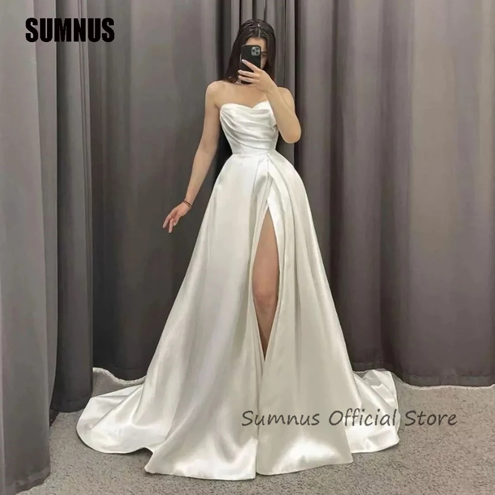 

SUMNUS Simple A Line Wedding Dresses Silk Satin Sweetheart Pleats Sweep Train Bridal Gowns Custom Made Split Vestido de noiva