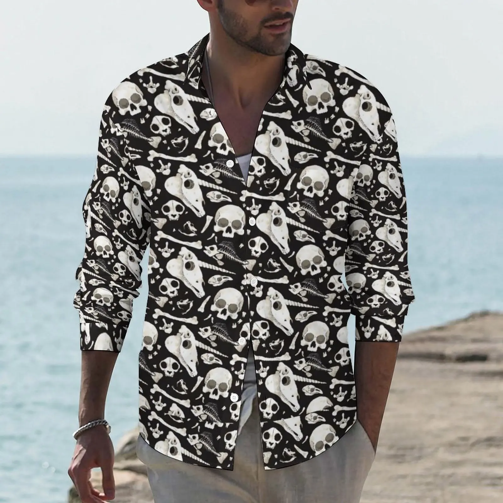 

Black Skulls And Bones Wunderkammer Shirt Men Creepy Casual Shirts Autumn Street Style Blouses Long Sleeve Cool Oversize Clothes
