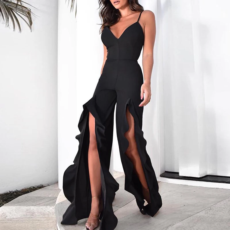 

Black Sexy V-Neck Sleeveless Strap Jumpsuit Fashion Ruffle Split Bodycon Club Playsuits 2023 Office Lady Waist Long Pants Romper
