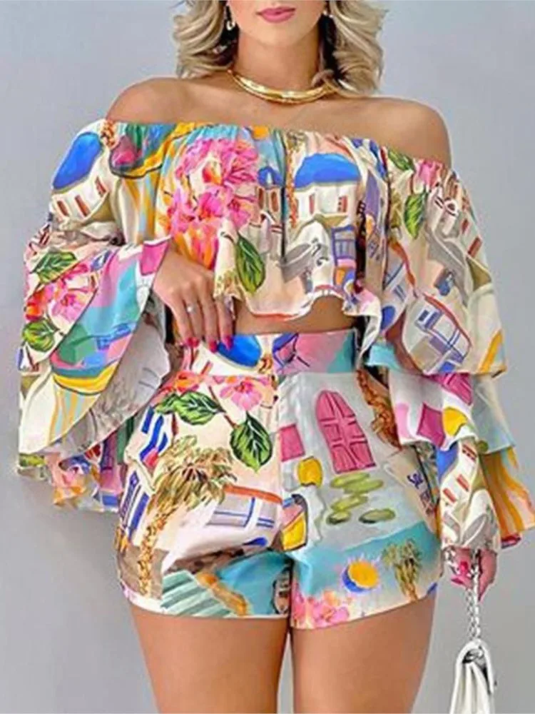 

Graphic Print Two Piece Sets Womens Outifits 2023 Summer Fashion Off Shoulder Bell Sleeve Crop Top & Casual Vacation Shorts Set