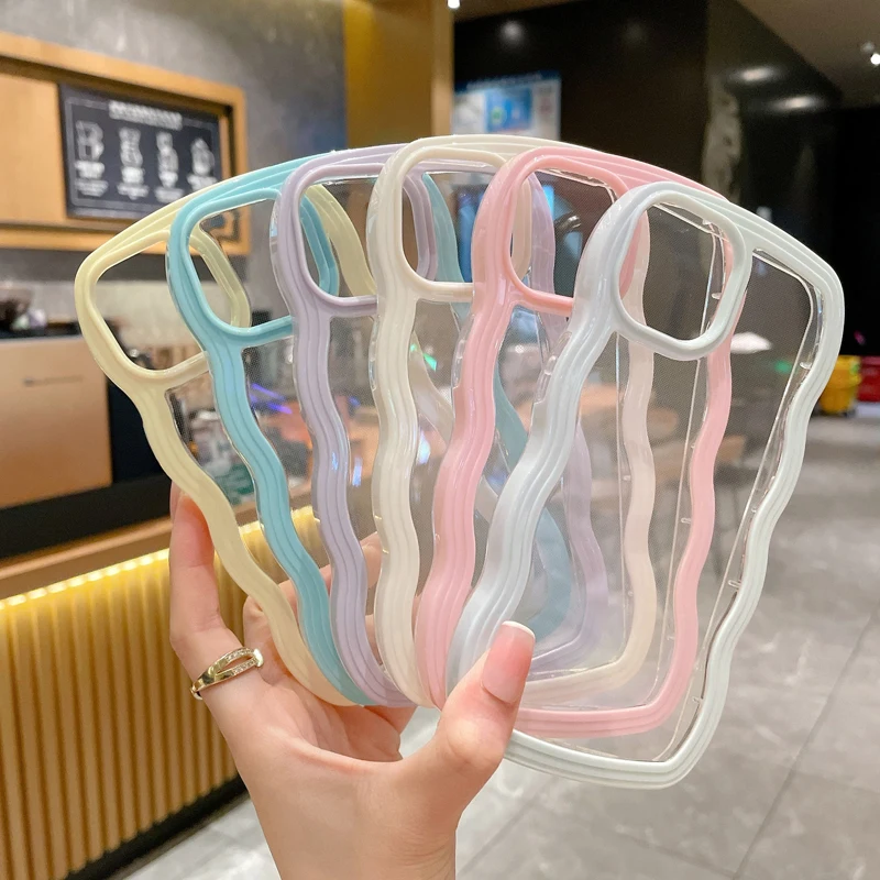 

For iPhone 13 Pro Max Summer Candy Colors Wavy Cream Border Transparent Soft TPU+PC Back Cover for iPhone 11 12 Pro Max XR XS