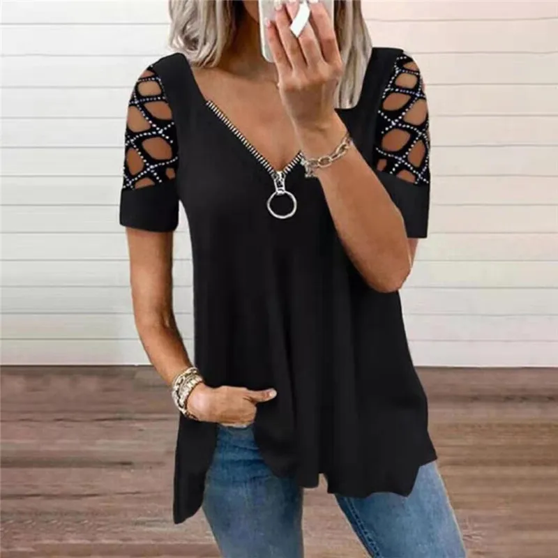 Women's Casual Loose Cold Shoulder Rhinestone Tops T-Shirts Fashion Short Sleeve Zip Up V Neck Loose Tunic Tees for Female