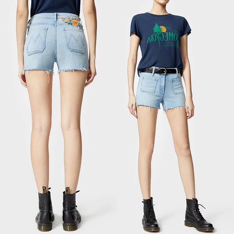 

22 Fashion Luxury Design Summer Style New Elastic Slim Patch Bag Printed Raw Blue Denim Shorts for Women