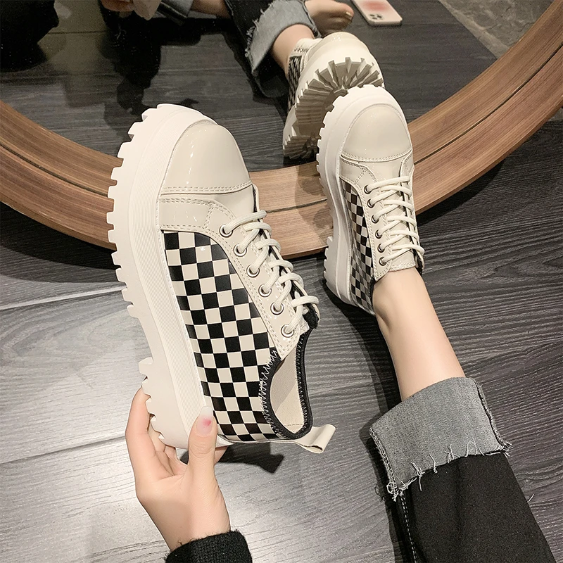 

Женские туфли в клетку на платформе, роскошные брендовые массивные готические туфли из искусственной кожи на шнуровке, весна 2022