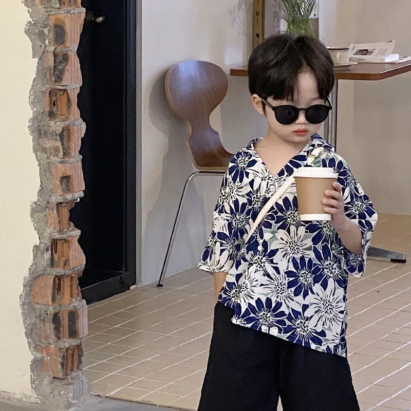 

Summer fashion Boys and girls cotton floral short sleeve shirts Kids Holiday style cool shirts 2-7Y