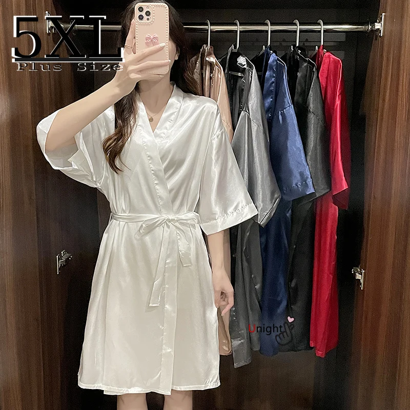 

Summer Silk Kimono Robe Bathrobe Women Silk Night Gown Bridesmaid Robes Oversized 5XL Pajamas Robes Satin Robe Ladies Dressing