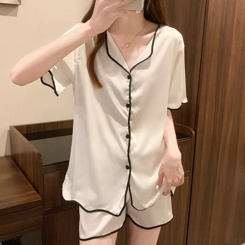 Womens Silk Satin Pajamas Set Short Sleeve Two-piece Home Sets Sleepwear Loungewear Comfortable Girl Spring And Summer Pijamas