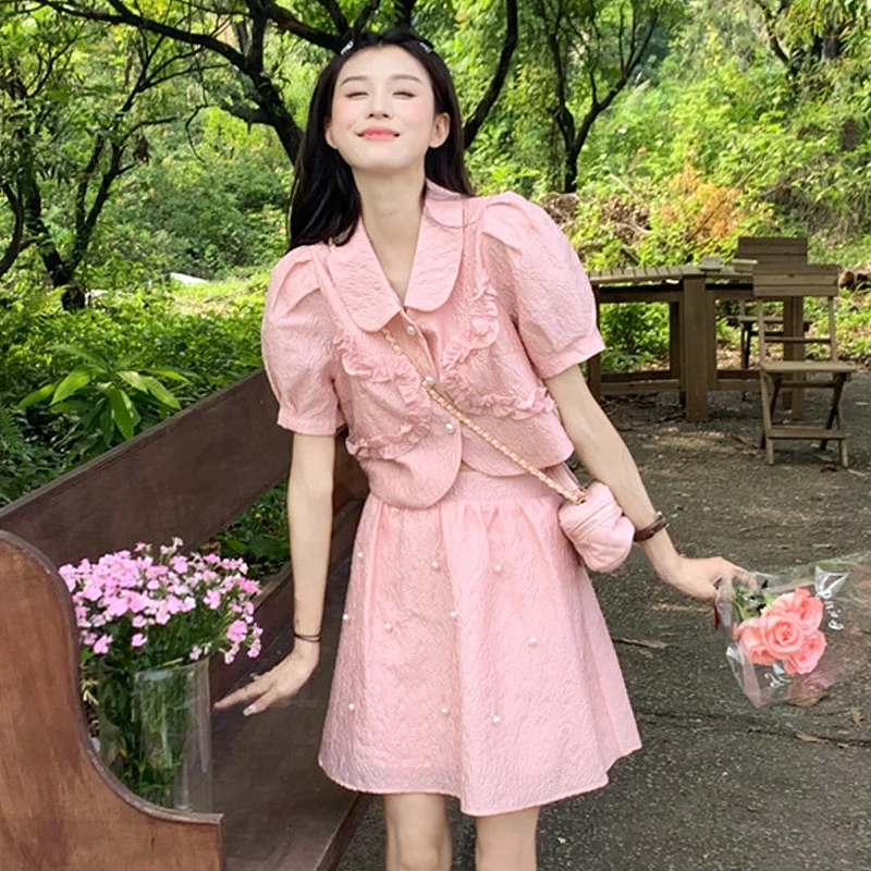 

Small fragrance aging fashion suit skirt women's summer 2022 new girls' bubble sleeve top skirt two-piece set