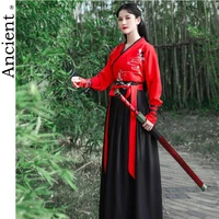 hanfu elements ancient chinese style cosplay tang dynasty women with improved traditional dress asian wushu girl red black suit