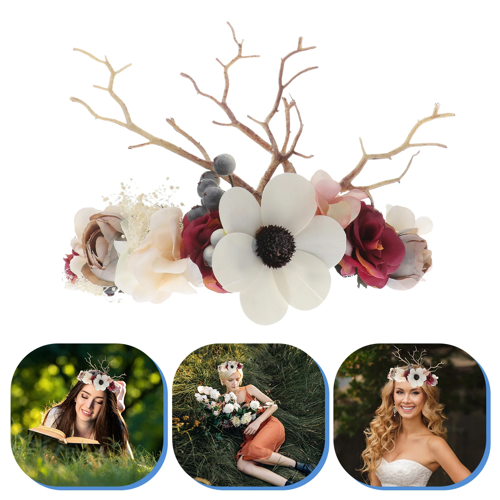 

Christmas Reindeer Antlers Headband with Flowers Deer Hair Branch Flower Crown Headband for Party Costume