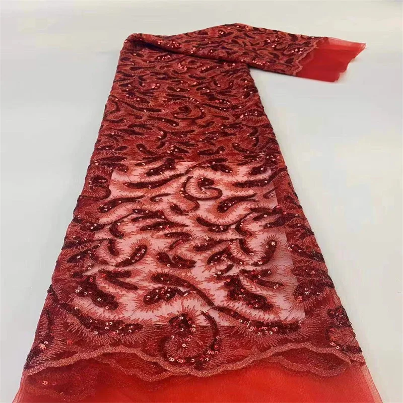 2022 High Quality RED African Mesh Sequins Lace Fabric Embroidered Nigerian Lace Fabric For Women Wedding And Party LY082