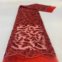 2022 high quality red african mesh sequins lace fabric embroidered nigerian lace fabric for women wedding and party ly082