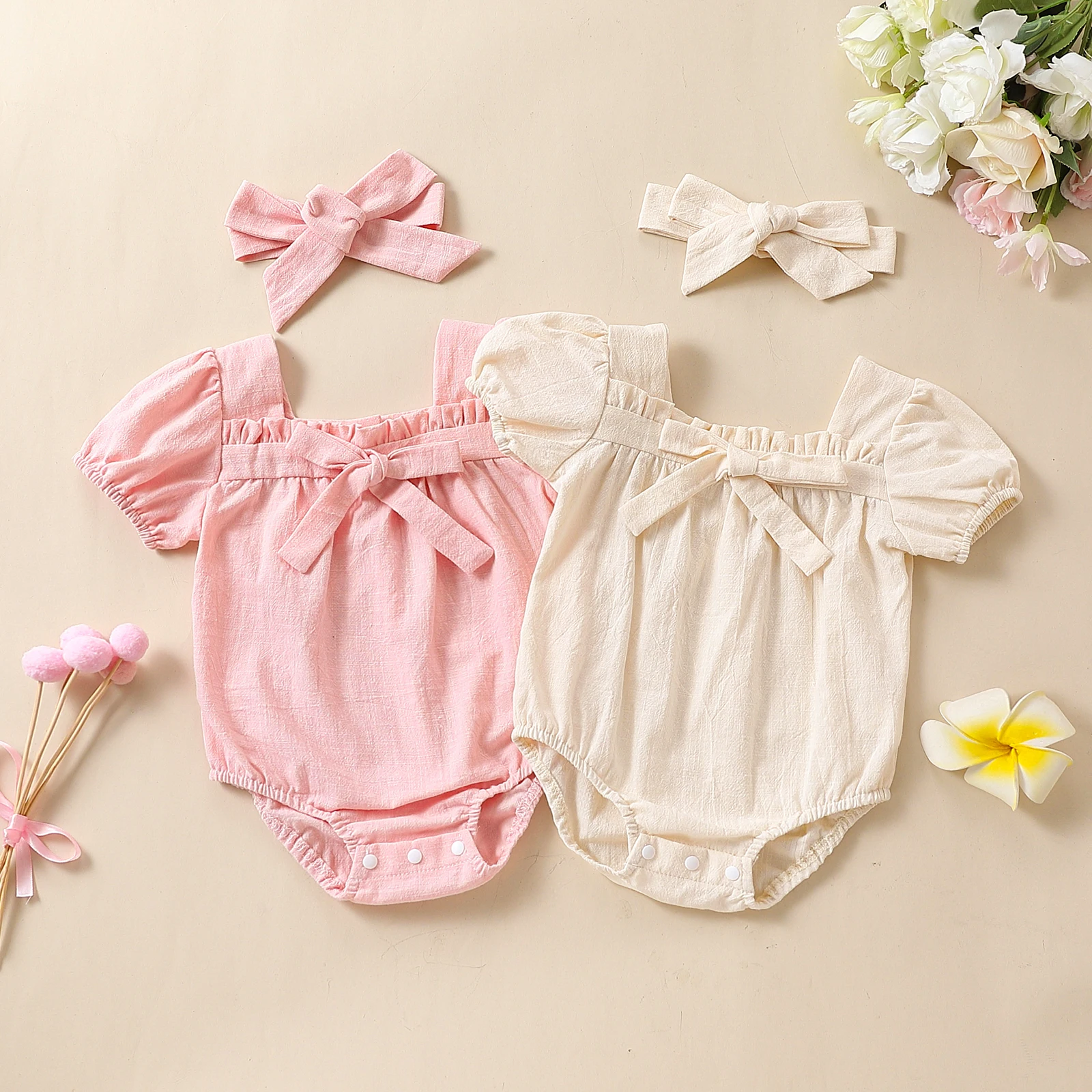 

Infant Baby Girl 2Pcs Bubble Romper Set Short Sleeve Bow-knot Ruffle Front Solid Jumpsuit with Headband Summer Outfit 0-18Months