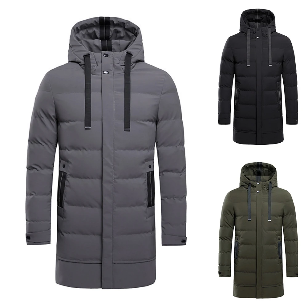 

Mens Winter Warm Middle-Length Jacket Windbreaker Trendy Zipper Hood Jacket Coat Buttons All Match Men Thicken Parka Coats L~3XL