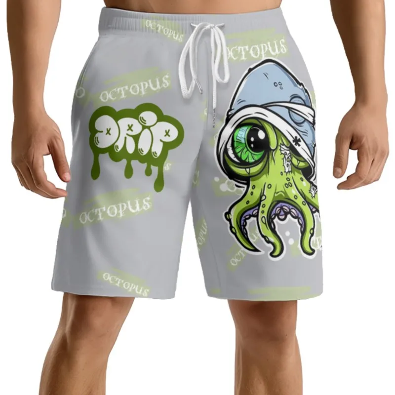 Одноглазные мужские шорты с принтом осьминога завязкой на талии серые