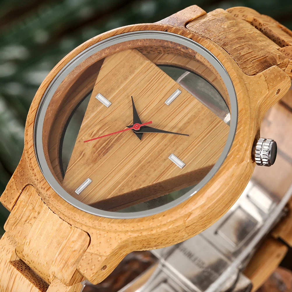 

Bamboo Wood Man Watch Hollow Triangle Design Wristwatch Casual Luxury Quartz Clock Creative Gift for Boyfriend Reloj Para Hombre