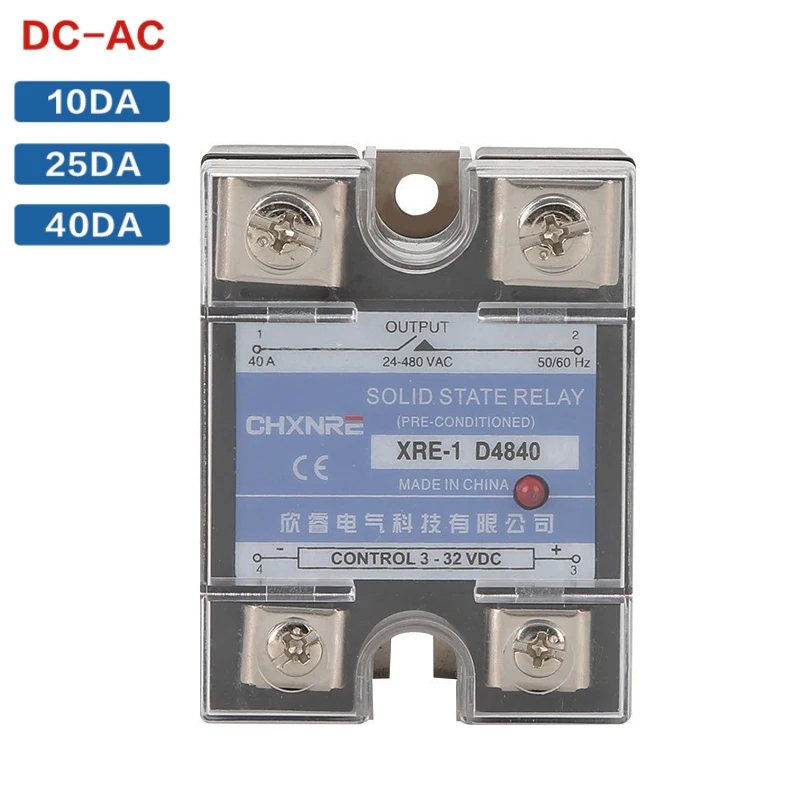 

10A 25A 40A XRE-1 твердотельные реле Модуль Вход постоянного тока твердотельные реле DC-AC Вход 3-32 В постоянного тока нагрузка 24-480V AC D4810 D4825 D4840