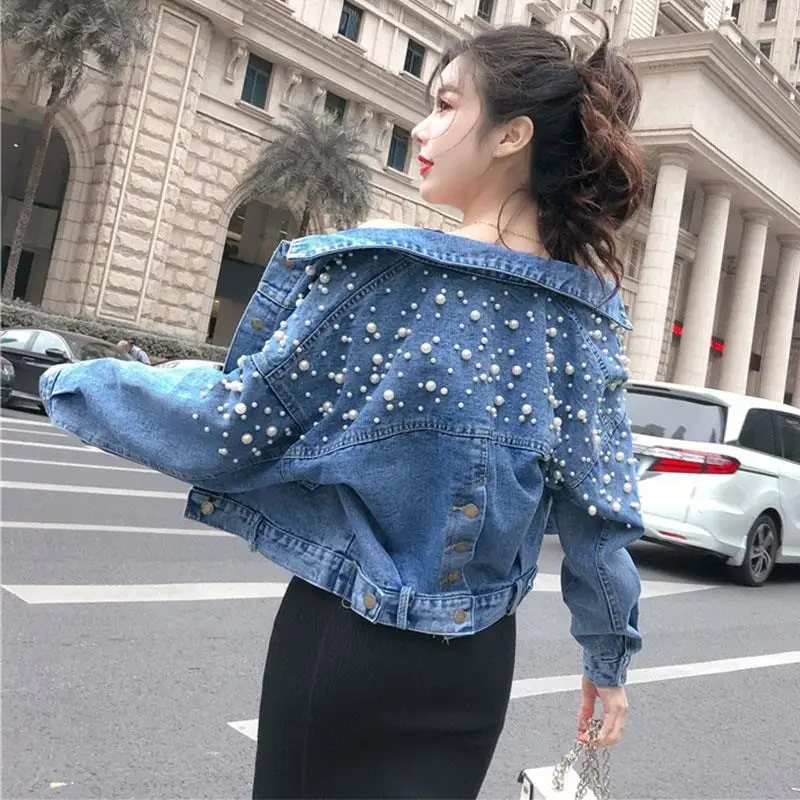 Women's Blue Denim Jacket Studded Pearl Jacket Cropped Top Spring Autumn Coat Loose Fashion Free Shipping Wholesale New