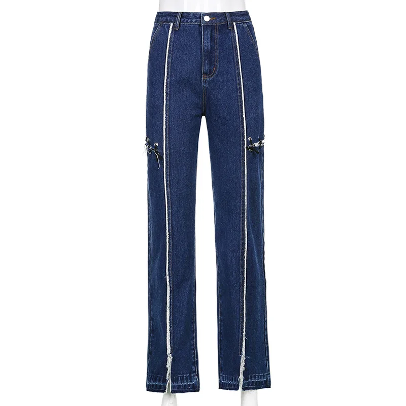 Blue Denim Trousers Women 2021 Harajuku Sexy Bandage Hollow Out Jeans Pants Patchwork Split Street Aesthetic Capris Full Length