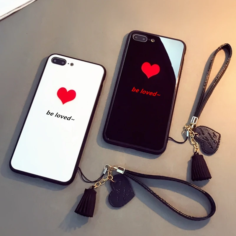 

Glass Phone Case For Oppo A36 A37 A57 A39 A59 A73 A77 A79 A83 A91 F15 A92S A93S A96 Love Heart Protection Lanyard Hard Cover
