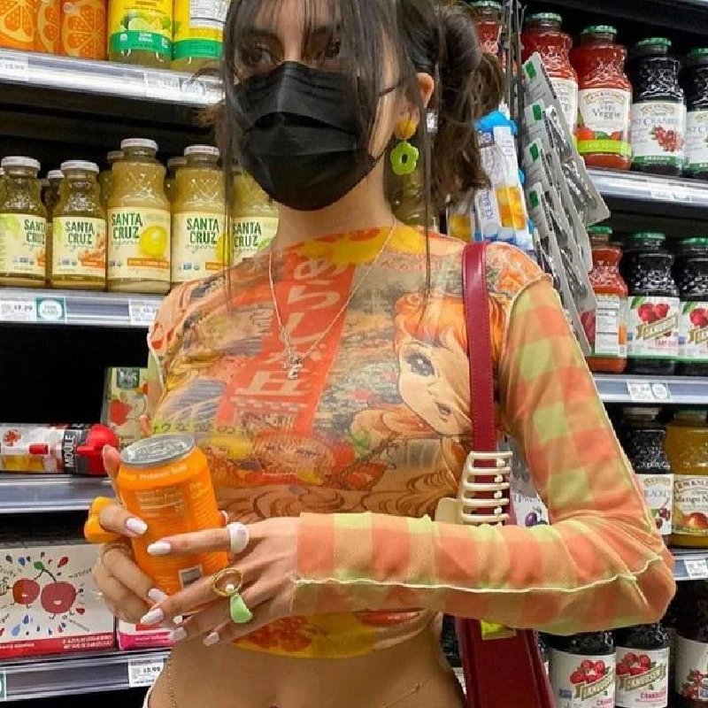

Y2K Harajuku T Shirts 90s Girls Sheer Mesh Long Sleeve Crop Top Aesthetic Casual Vintage Tshirts Autumn Streetwear Harajuku Tee