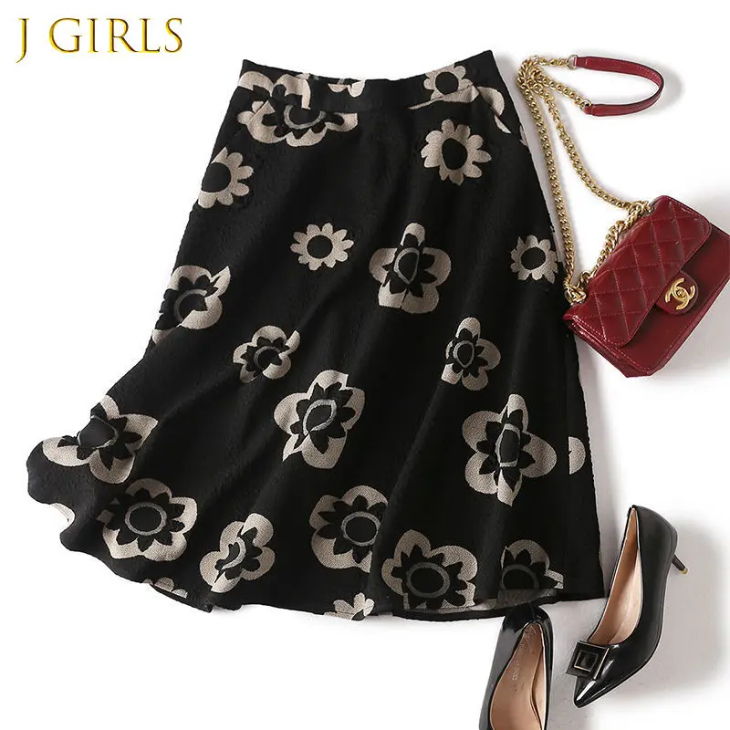 

J GIRLS Skirts Women Black Korean Style Temperament Elegant Comfortable Trendy Retro Simple New Ladies Students High Elasticity